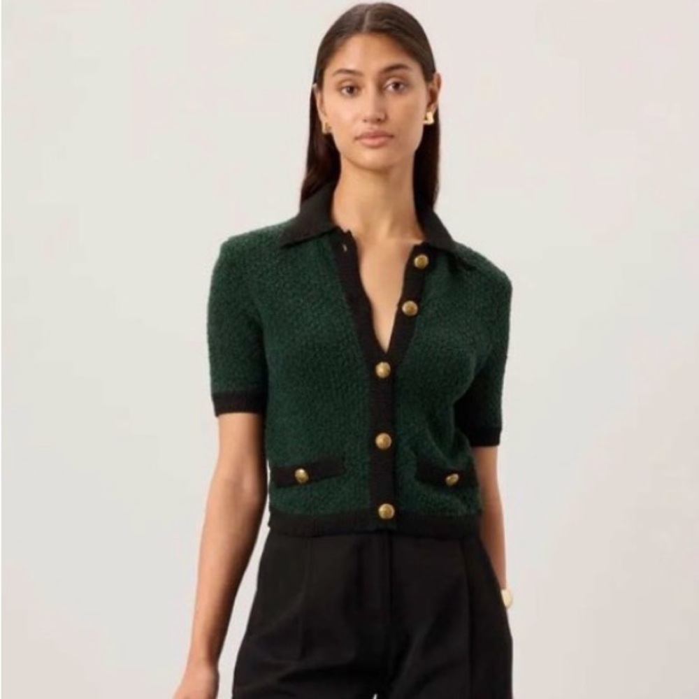 Veronica Beard Forest Green Cardigan with Gold Buttons
